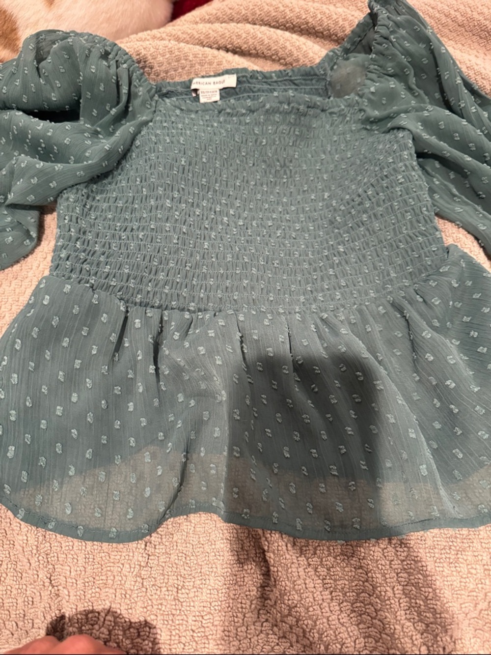 American Rag Dusty Teal Smocked Peplum Blouse